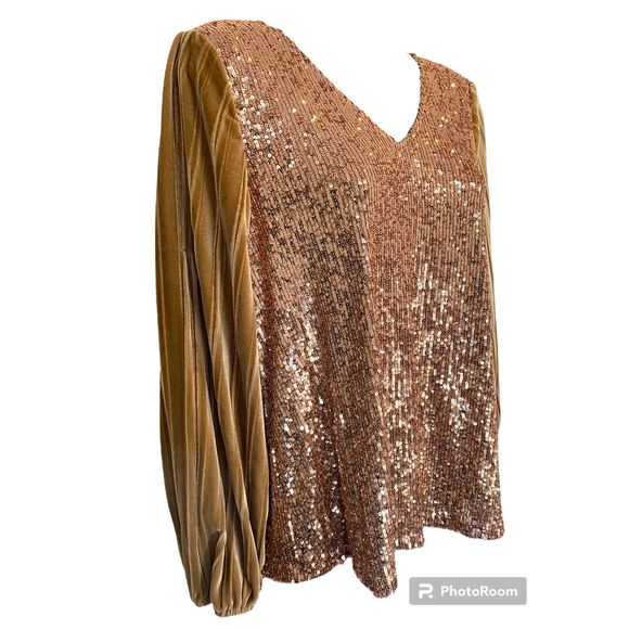 Cable & Gauge Sequins/ Velvet V Neck Top Sz M - Picture 2 of 10